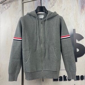 Thom Browne Gray Zip-Up Sweater with Red and Blue Stripes